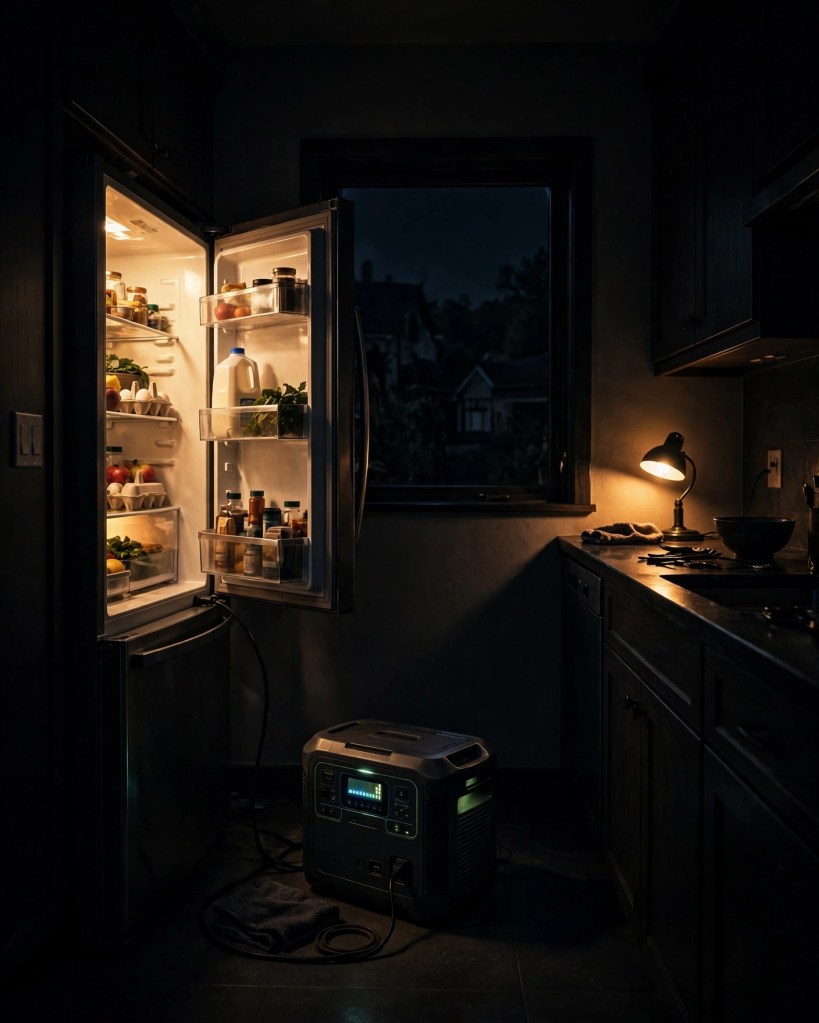 A refrigerator kept cold by a portable power station during a home blackout
