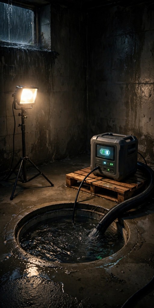 A portable power station keeping a basement sump pump running during a storm outage