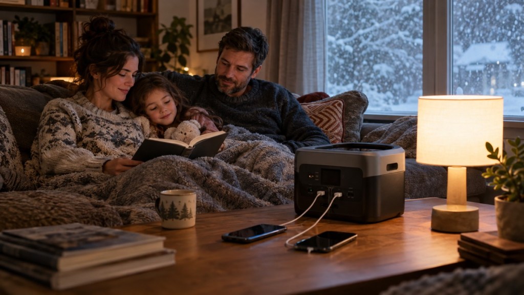 Family reading together on a couch, lamp and phones powered by a portable power station during a snowstorm outage