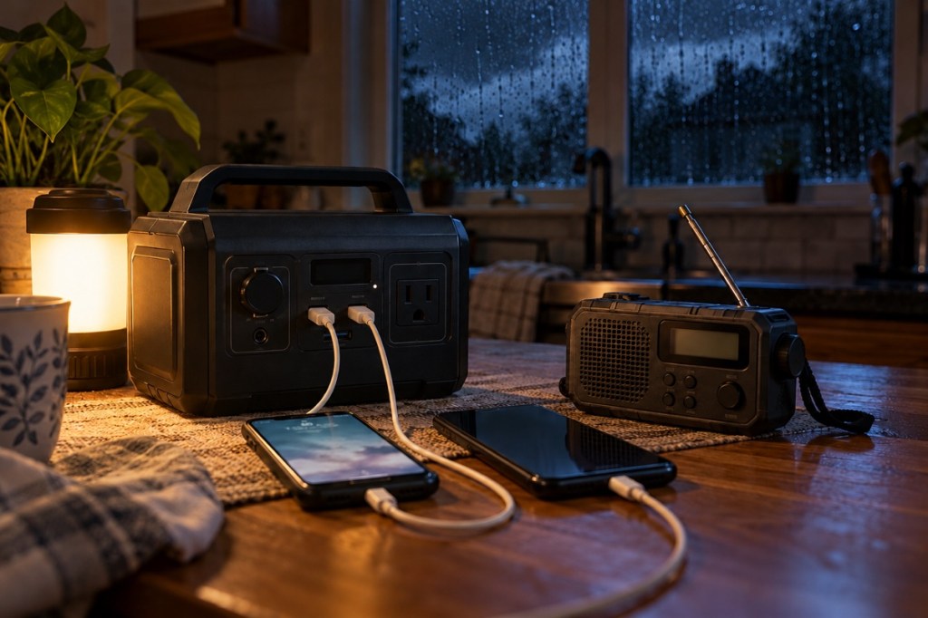 Small portable power station charging two phones beside an emergency radio during an outage