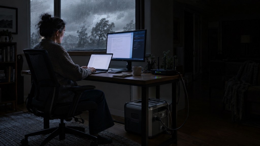 Woman working at a desk with monitors and router powered by a portable power station during a storm outage